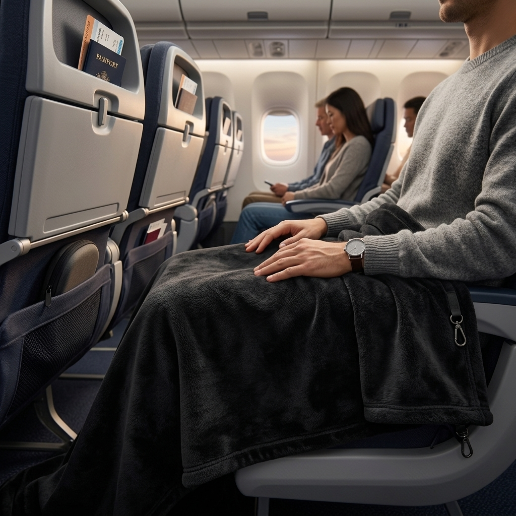 TAHVI Haven blanket draped over lap in an airplane seat