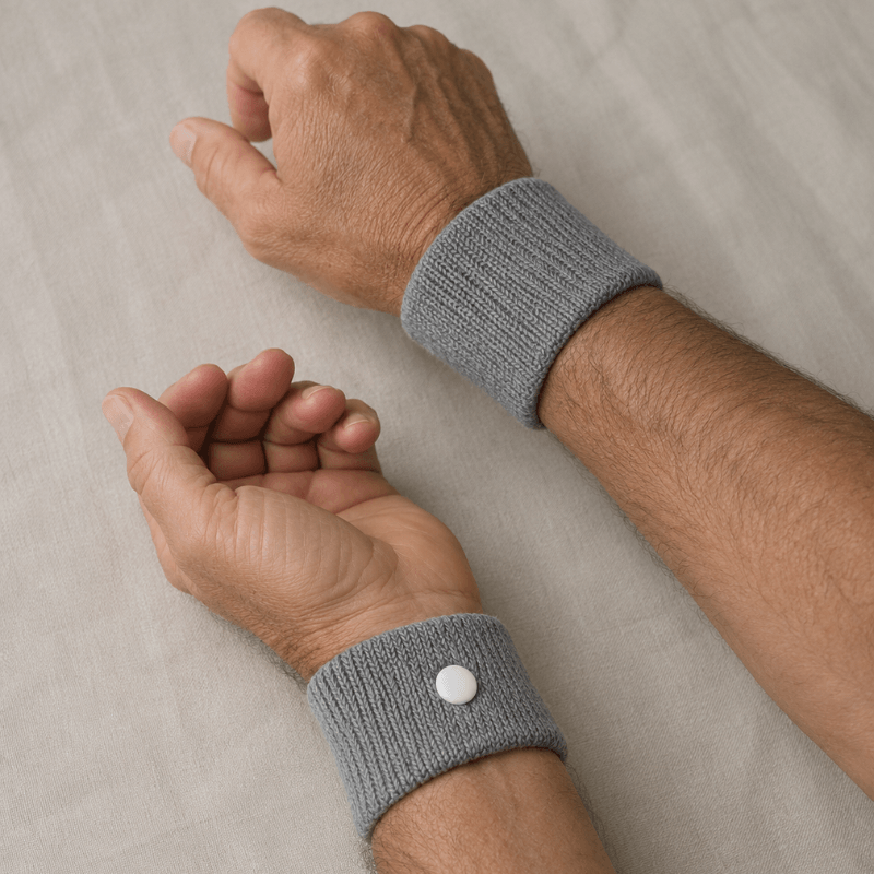 TAHVI Anchor wristbands worn on both wrists, grey